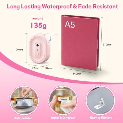 HKHKPI Label Maker Machine with Tape, Small Portable Bluetooth Label Printer, Handheld Mini Labeler for Home, Kitchen, Office, Waterproof Label Makers for Labeling, Gift, Kids School Items, Pink - Thumbnail 6