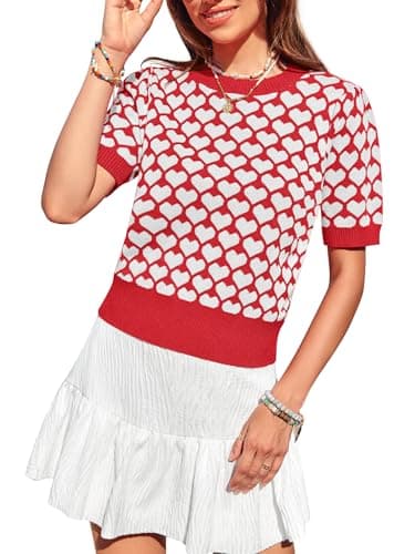 Women Puff Short Sleeve Sweater Casual Cropped Knit Shirts Cute Heart Holidays Graphic Print Pullover Jumper Tops 2025 Red - Image 1