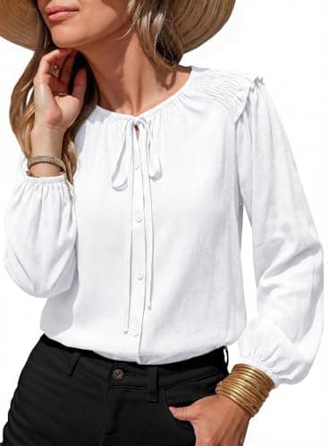 Dokotoo Trendy Tops for Women 2026 Solid Comfy Button Down Shirts Casual Crew Neck Tie Front Babydoll Tops Lightweight Beach Vacation Clothes White X-Large - Image 1