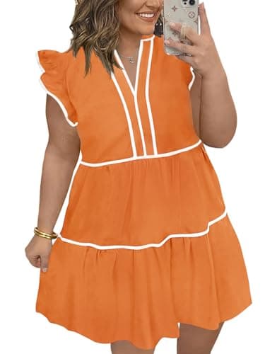 Beautife Womens Plus Size Dresses Summer Ruffle Short Sleeve V Neck Dress Casual A Line Babydoll Mini Dress Orange - Image 1