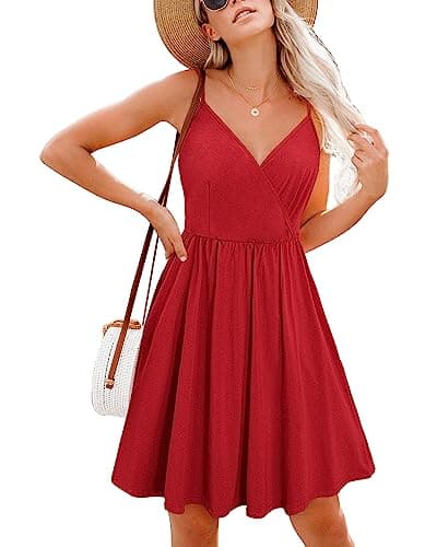 STYLEWORD Women's Summer Sundress Spaghetti Strap V Neck Casual Flowy Sundress with Pocket Cruise Outfits 2026(Wine-429,M) - Thumbnail 2