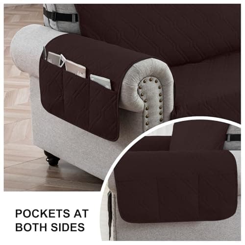 Eusalioy 100% Waterproof Couch Cover for Armchair, Anti-Slip Washable Sofa Cover with Elastic Straps & Side Pockets, Durable Furniture Protector for Kids, Pets & Dogs (23", Chocolate) - Thumbnail 5