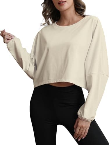 MATEAM Womens Cropped Sweatshirt Loose Fit Workout Tops - Crewneck Pullover Long Sleeve Casual Fashion Sweaters for Yoga Gym Fitness Beige L - Image 1