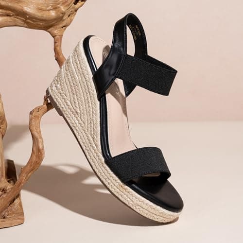 Jeossy Women's Wedge Platform Black Sandals, Espadrille 8801 Sandal, Summer Elastic Ankle Strap Shoes with 3.5 Inch, Size 6(DJY8801 Black 06) - Thumbnail 3