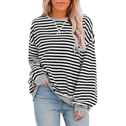 HDLTE Womens Oversized Striped Sweatshirt Crewneck Classic Color Block Long Sleeve Casual shirt Fashion Loose Pullover Tops Black - Image 1