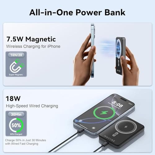 Magnetic Power Bank 5000mAh,Magnetic Portable Charger for iPhone with Type-C Cable,Slim Portable Wireless Magnetic Power Bank, Magnetic Battery Pack for iPhone 16/15/14/13/12 Series (Matte Black) - Thumbnail 2