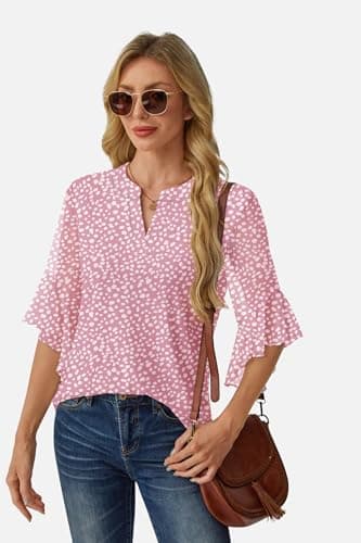 GKBK Womens 3/4 Sleeve Tops Dressy Casual Business Work Blouses Office Shirts Pink L - Thumbnail 5