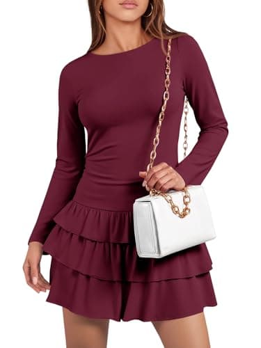 Wenrine Womens Fall Long Sleeve Mini Dress Casual Boat Neck Ruffle Hem Ruched Slim Fit Party Dresses Burgundy - Image 1