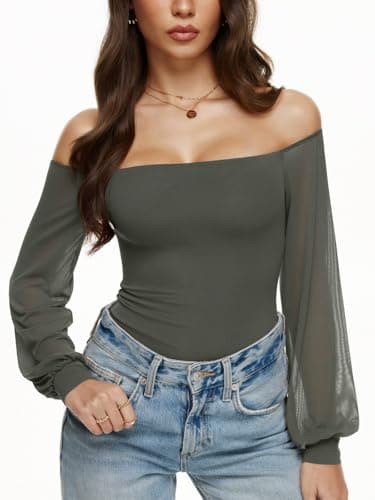 REORIA Womens Going Out Off The Shoulder Sheer Mesh Puff Long Sleeve Thong Bodysuit Tops Grayish Green Small - Image 1