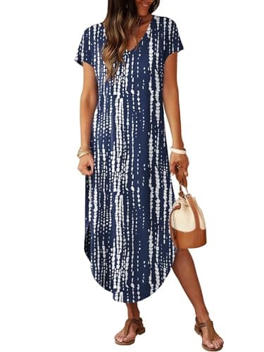 RUMIA Summer Casual Maxi Dresses for Women- Women's V Neck Cap Sleeve Long Sundress with Pockets Beach Vacation - Thumbnail 2