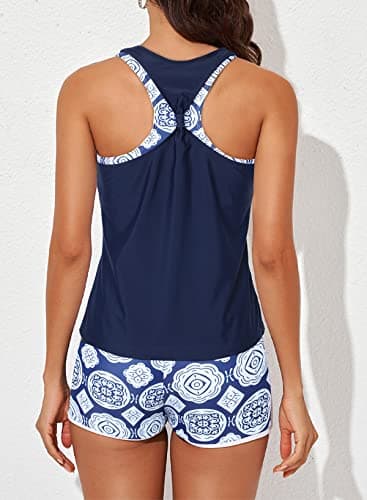 Aleumdr 3 Piece Athletic Tankini Swimsuits for Women with Shorts Swim Tank Tops with Sports Bra and Boyshorts Bathing Suits Blue Medium - Thumbnail 2