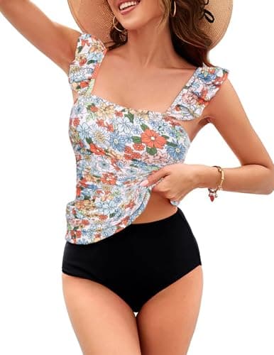 Kate Kasin 2025 Two Piece Tankini Swimsuits for Women High Waisted Tummy Control Floral Bikini Swimwear Ruched Bathing Briefs Suits with Padded Orange Floral S - Image 1