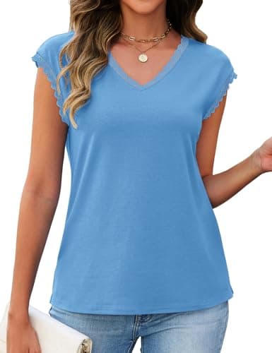 JUSTFASHIONNOW Lace Blouse Soft Cap Sleeve Tops for Women Summer V Neck Tank Tops Dressy Casual Shirts Trendy 2026 Clothes(Blue,XX-Large) - Thumbnail 5