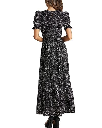 BTFBM Women Casual Summer Dresses 2026 Spring Crew Neck Ruffle Short Sleeve Smocked Floral Boho Flowy Maxi Dress Clothes(Floral Black White, Medium) - Thumbnail 2