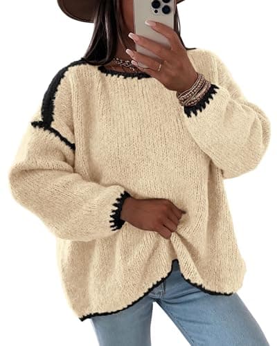 KIRUNDO Womens Sweaters 2026 Fall Oversized Long Sleeve Chunky Knit Crew Neck Contrast Stitching Pullover Winter Clothes(Beige, Medium) - Image 1