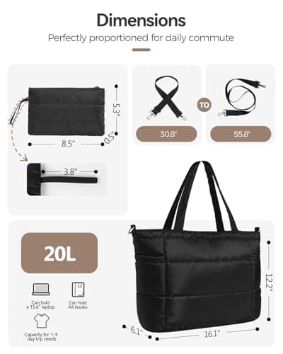 Moyad Puffy Tote Bag for Women with Zipper, Lightweight Quilted Bag Shoulder Handbag for Work, Travel, Gym, Nurse, Teacher - Black - Thumbnail 3