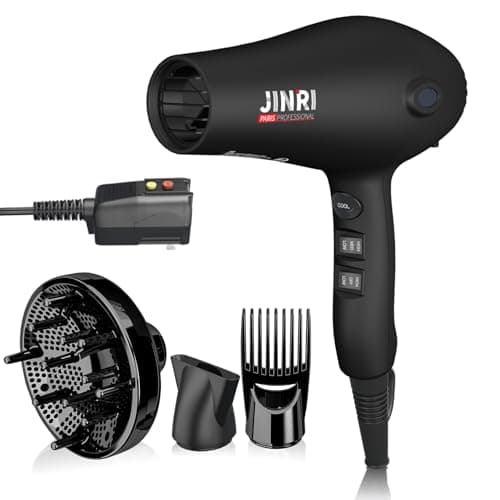 Hair Dryer - JINRI 1875W Diffuser Blow Dryer for Salon & Personal Use – Powerful, Fast Drying with Diffuser, Comb & Nozzle for Women & Men, ALCI Safety Plug, Black - Image 1