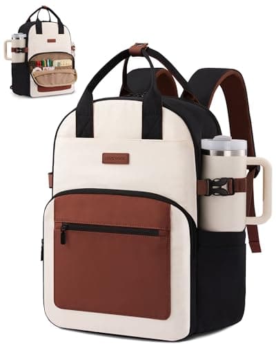 LOVEVOOK Laptop Backpack for Women - Stylish Work Backpack with Large Cup Holder, Waterproof College Teacher Backpack, Beige-Brown, 15.6Inch - Image 1