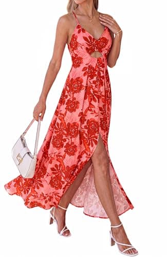 BTFBM Summer Dresses for Women 2026 Spring Floral Spaghetti Strap Smocked Cutout Maxi Dress Resort Beach Vacation Outfit(Floral Watermelon Red, X-Large) - Thumbnail 5