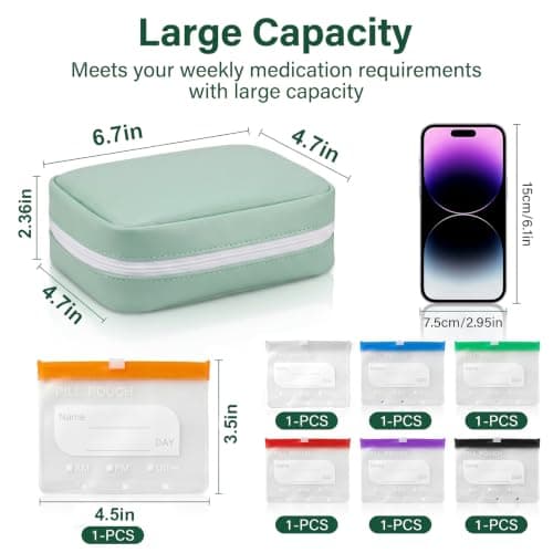 NeLiangIA Mint Green Weekly Pill Organizer, Waterproof Travel Medicine Organizer with 7 Color Pouches, Pastilleros para Medicamentos, Portable Travel Pill Organizer for Daily & Trip Use - Thumbnail 2
