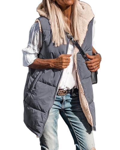 BTFBM Long Puffer Vest Women Fleece Sherpa Jacket Sleeveless Hooded Reversible Zip Up Winter Coat Fall Vests Outerwear(Grey Blue, Medium) - Image 1