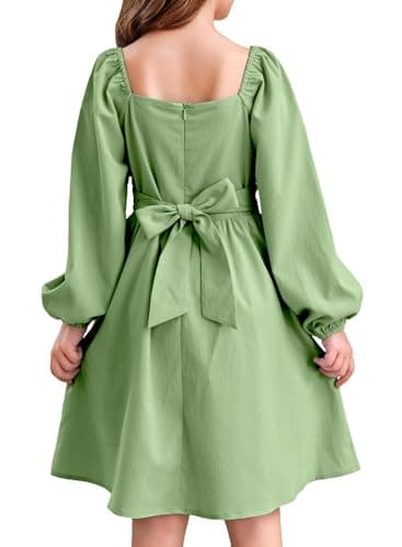 blibean Girls Dresses Solid Puff Long Sleeve Tween Kid Girl Flare Ruffle Wedding Outfits Elegant Semi Formal Party Modest Dress Tie Belted Dressy Zipper Clothes Size 10-11 Years Old Light Green - Image 1
