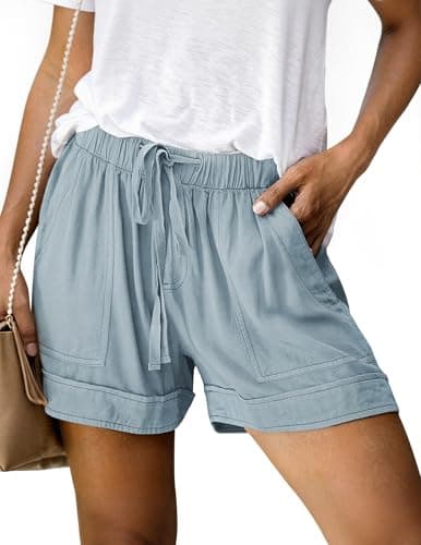 NILOINE Womens Linen Drawstring Shorts Casual Elastic Waist Shorts Summer Comfy Beach Short Pants with Pockets(Light Blue,Medium) - Image 1