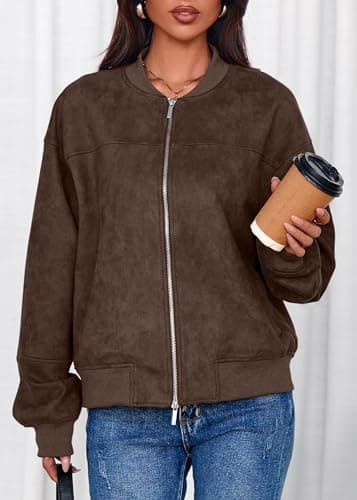 Lazysmile Women's Faux Suede Bomber Jackets Fall Fashion Outfits Winter Clothes Stand Collar Zip Up Coats Outwear - Thumbnail 4