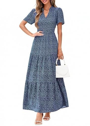 KIRUNDO Womens Summer Floral Maxi Dress Short Sleeve V Neck Boho Long Flowy Casual A Line Dresses 2026 Beach Vacation Outfits(Navy Floral, XX-Large) - Image 1