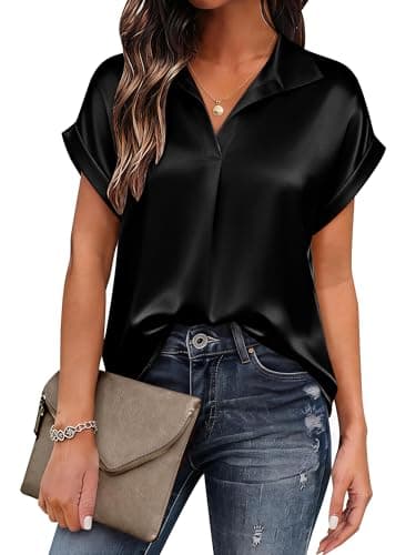 Chulianyouhuo Womens Silk Satin Tops V Neck Dressy Shirts Collared Work Blouse Summer Business Casual Shirt Black - Image 1