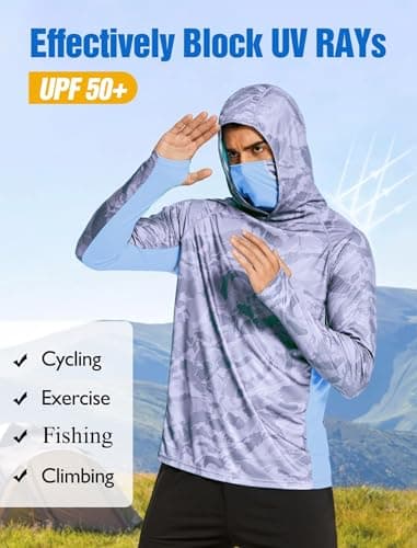 COOrun Men's UPF 50 Sun Protection Hoodies with Mask Built in Hooded Fishing Shirts for Men Long Sleeve Camo Hiking Shirts - Thumbnail 3