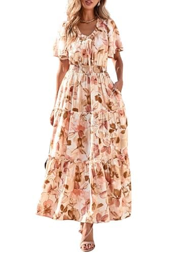 KIRUNDO Spring Summer Wedding Guest Dresses for Women 2026 Boho Floral Short Sleeve V Neck Ruffle Tiered Flowy Maxi Dress(Apricot, Large) - Image 1