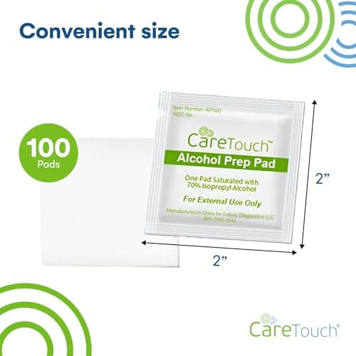 Care Touch 100-Pack Alcohol Wipes - Individually Wrapped Alcohol Prep Pads with 70% Isopropyl - Sterile 2-Ply Antiseptic Swabs for First Aid Kits, Cleaning, Travel and Everyday Use - Thumbnail 3