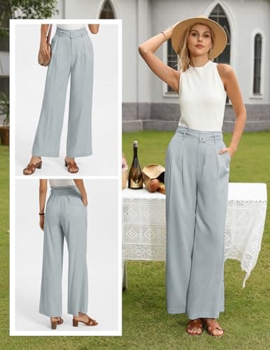 GRACE KARIN Wide Leg Pants for Women Boho High Waisted Palazzo Lightweight Linen Trousers Lounge Casual Clothing Light Blue XX-Large - Thumbnail 2
