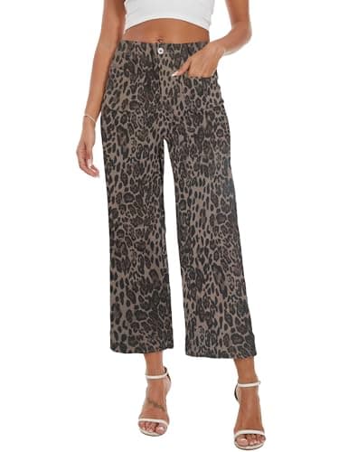 DAOAO Cropped Leopard Jeans for Women High Waisted Stretchy Wide Leg Jeans Woman Denim Pants Trendy XL - Image 1