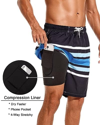 SILKWORLD Mens Swim Trunks with Compression Liner 9 Inch Quick Dry Beach Board Shorts with Zipper Pockets, Black Blue, Small - Thumbnail 2