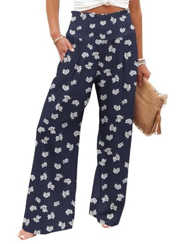 GEMLON Womens Wide Leg Pants High Waisted Palazzo Pants Flowy Lounge Trousers Boho Pants with Pockets Blue Print XL - Image 1