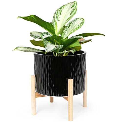 LaDoVita Ceramic Plant Pot with Stand, 10 Inch Planter with Wood Shelf, Modern Round Flower Pots Indoor with Wood Planter Holder, Black Water Ripple Pattern - Image 1