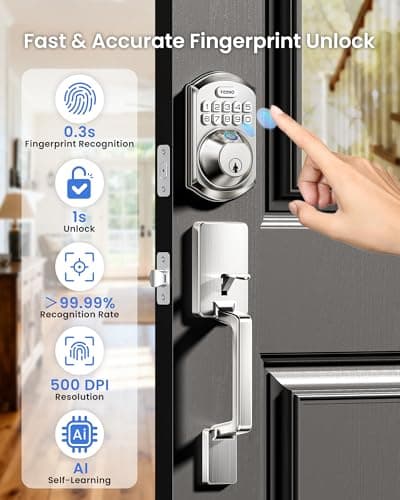 TEEHO TE012W-H WiFi Keypad Door Lock with Handle Set, Fingerprint Smart Locks, Front Door Keyless Entry, APP Remote & Voice Control, Digital Deadbolt with 2 Keys, Auto-Lock, Easy Install, Satin Nickel - Thumbnail 4