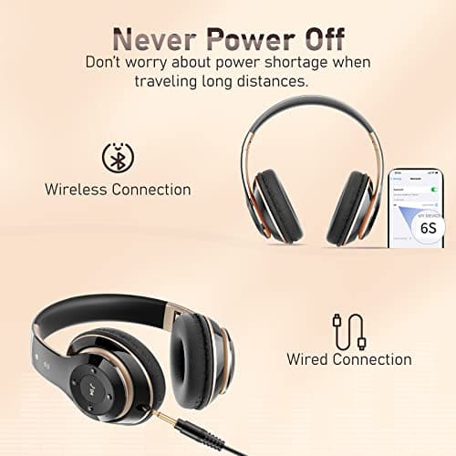 Falebare Bluetooth Headphones Over Ear, 6S Wireless Headphones Wired with 6 EQ Modes, 40 Hours Playtime Foldable HiFi Stereo Headset with Microphone, FM/TF for Cellphone/PC/Work (Black & Gold) - Thumbnail 4