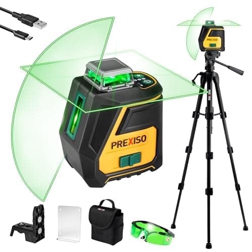 PREXISO 360 Laser Level with Tripod - IP54 Rechargeable Wide Angle Vertical Line Laser, 100Ft Green 3 Brightness Adjustment Self Leveling Cross Line for Construction, Floor Tile, Renovation - Image 1