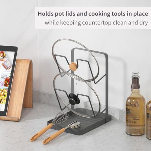 SolaceCove Stainless Steel Pot Lid Holder for Kitchen,Pot Lid Storage Rack for Countertop,Multifunctional Kitchen Pot Lid Organizer while Cooking,Two-compartment Stainless Steel Cooking Rack - Thumbnail 3