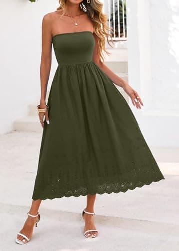 Lazysmile Summer Boho Maxi Dress for Women Strapless Tube Top Lace Trim A Line Beach Casual Long Dress Army Green - Thumbnail 4