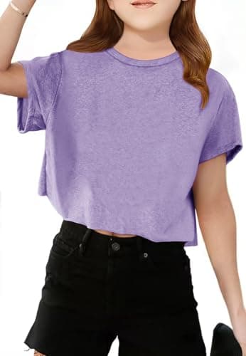Girls Short Sleeve Crop Tops Kids Fashion Athletic Crew Neck Cropped T Shirts Casual Basic Tees Purple - Image 1