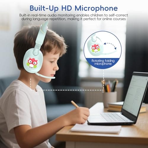 LOBKIN Kids Headphones with Microphone Bluetooth 6.0, Toddler Headphones LED Ligh Rotatable Foldable Sensitive Mic Adjustable 85/94dB Volume Limit Real-time Audio Feedback for Boys Girls Online School - Thumbnail 3