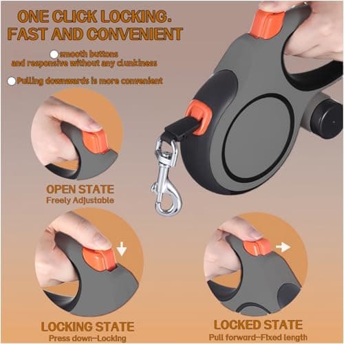 Dual Retractable Dog Leash 2 Large Dogs (Up to 110 Lbs Each), 2 Headed Pet Leash with Poop Bags, 16ft/5m Extension, Non-Slip Grip, One-Button Break & Lock, 360-degree Tangle-Free (Gray, Medium) - Thumbnail 3