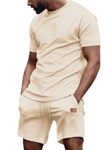 JMIERR Men's 2 Piece Pajamas Sets Summer Short Sleeve T-Shirts and Shorts Workout Sets Matching Lounge Set Sleepwear Loungewear, M, Apricot - Image 1