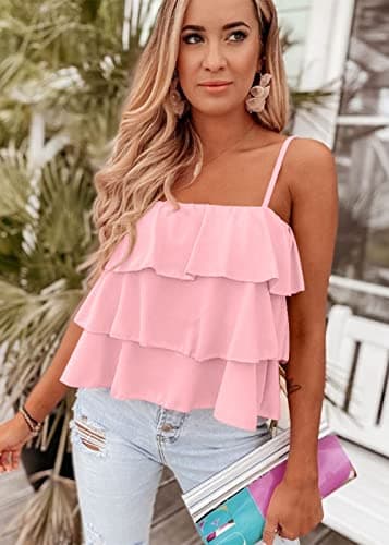 KIRUNDO Spaghetti Strap Ruffle Babydoll Peplum Tank Tops for Women 2026 Summer Cute Flowy Beach Vacation Cruise Outfits(Pink, Medium) - Thumbnail 2