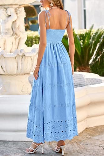 dowerme Womens Summer Maxi Dresses 2026 Casual Spaghetti Strap Smocked Eyelet Cotton Dress Long Beach Vacation Sundress(Light Blue,X-Large) - Thumbnail 5