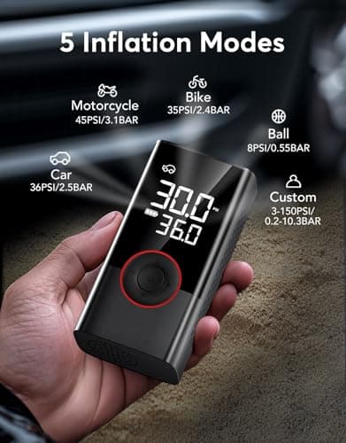 Tire Inflator Portable Air Compressor, 150PSI Air Pump for Car Tires with LED Light, Cordless Tire Pump with Digital Pressure Gauge, Tire Inflator for Car, Bike, Motorcycle, Ball (Black) - Thumbnail 6